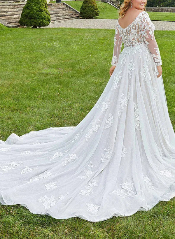 Wholesale A-Line/Princess V-Neck Long Sleeves Plus Size Lace Wedding Dress With Applique